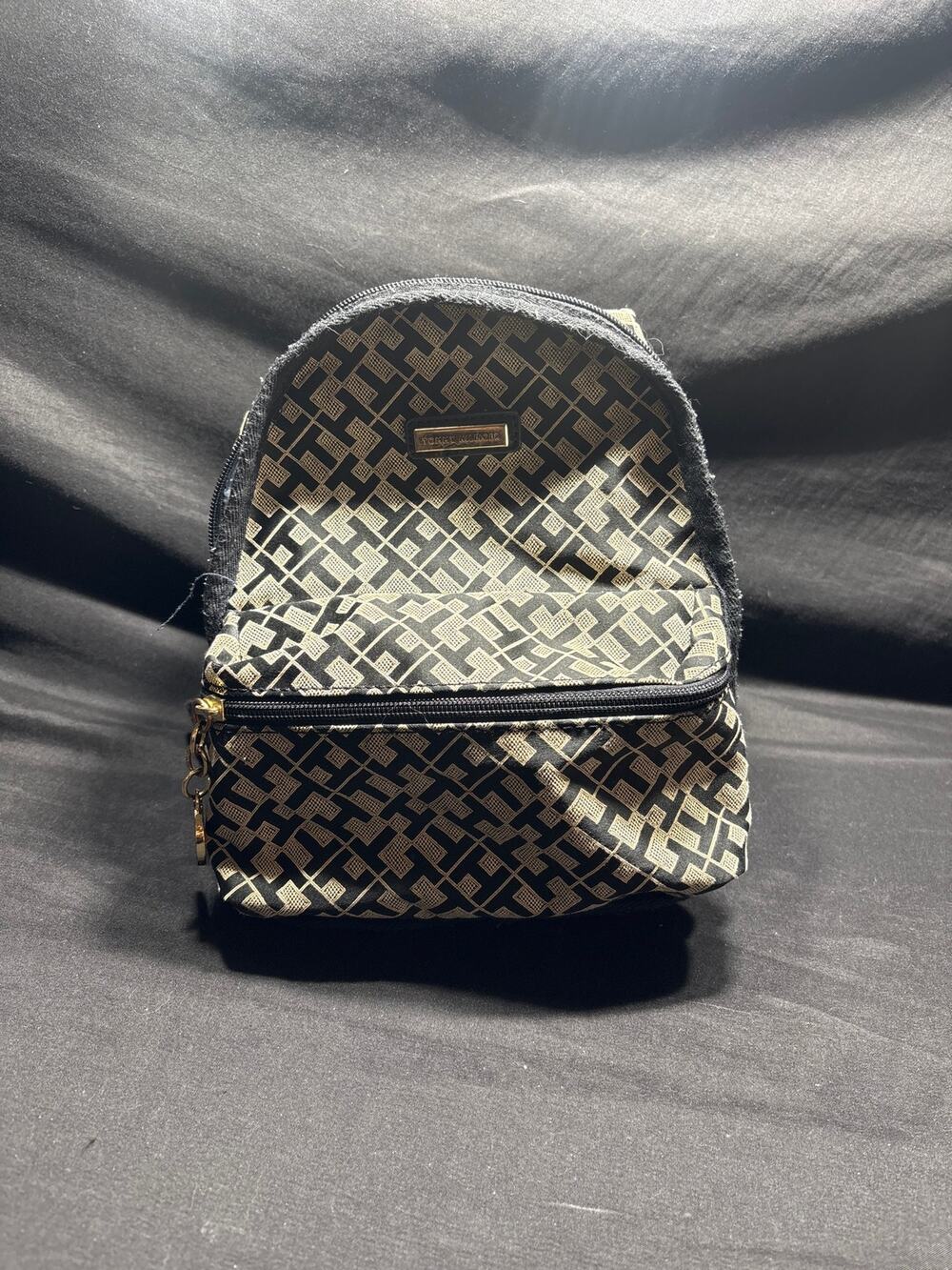 Tommy Hilfiger Womens Mini Backpack Black Tan Monogram Jacquard Purse Bag
